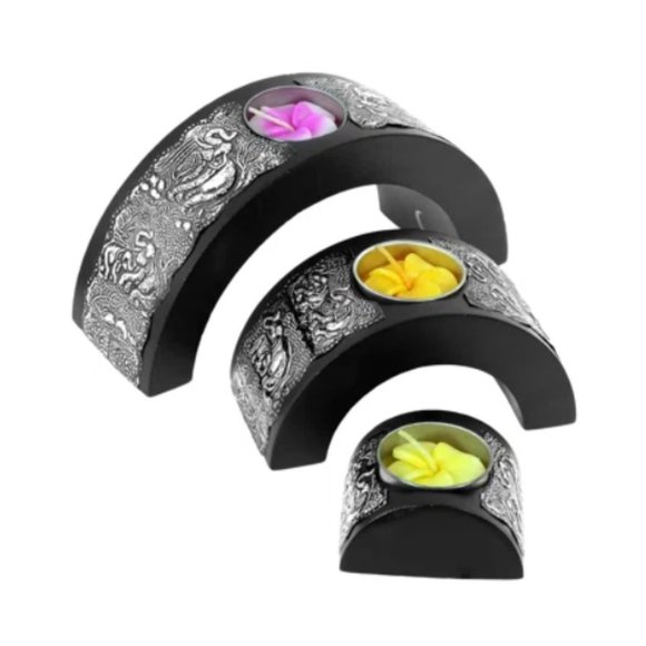 Vintage 90s Elephant Stamped Metal Wooden Space Saver Candle Holders - Picture 4 of 11